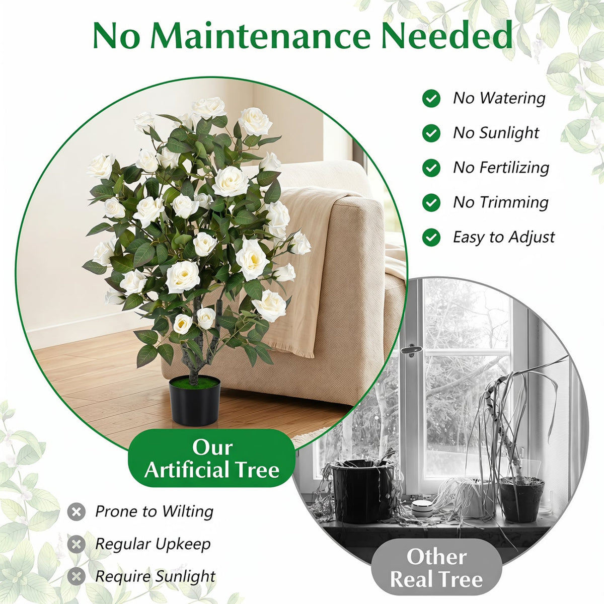 Set of 2 Artificial Rose Tree with Blooming Flowers and Green Leaves for Indoor-White-Artificial Plants-DECOROLALA