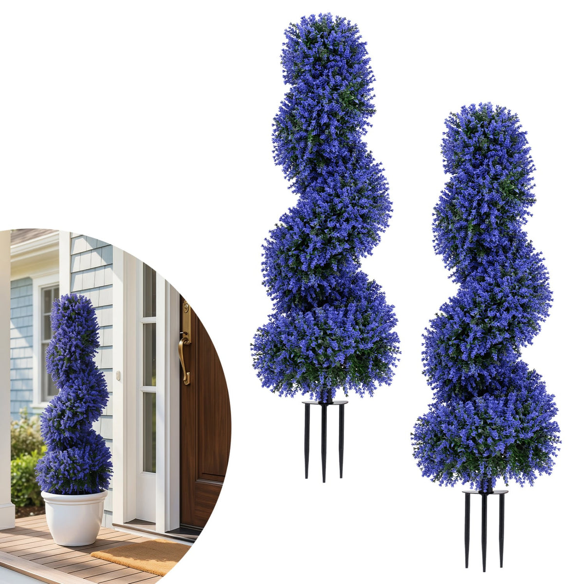 Set of 2 Artificial Spiral Topiary Trees with Sun Protection and Ground Spikes-Purple-Artificial Plants-DECOROLALA