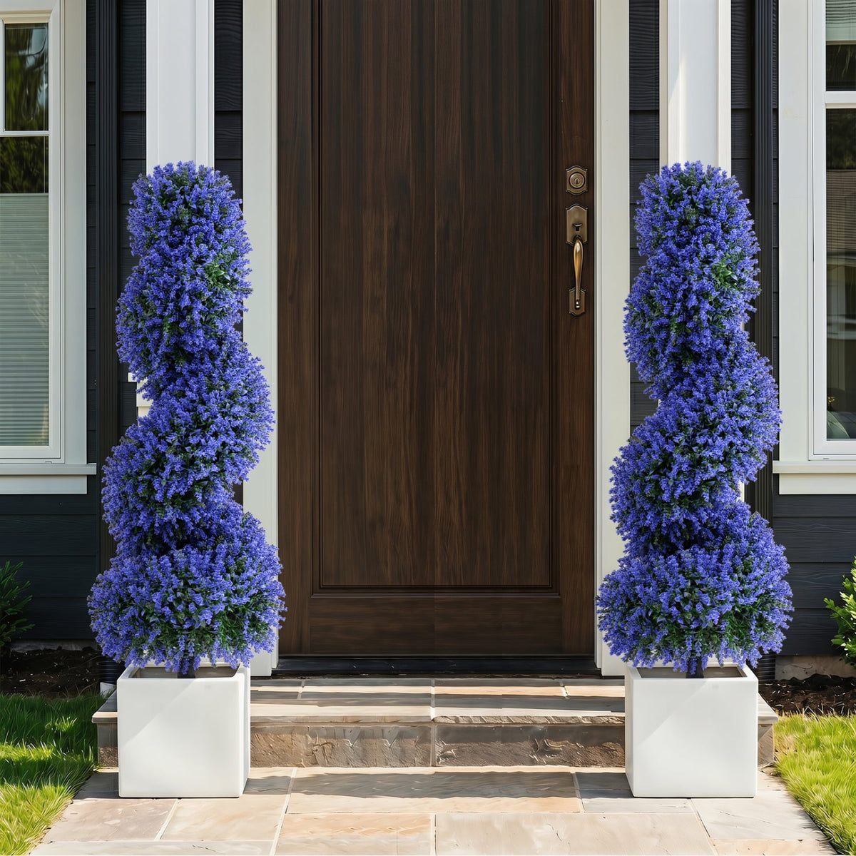 Set of 2 Artificial Spiral Topiary Trees with Sun Protection and Ground Spikes-Purple-Artificial Plants-DECOROLALA
