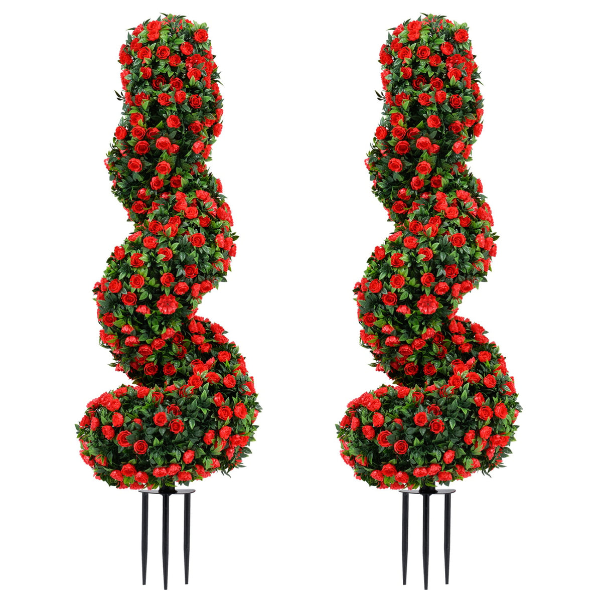 Set of 2 Artificial Spiral Topiary Trees with Sun Protection and Ground Spikes-Red-Artificial Plants-DECOROLALA