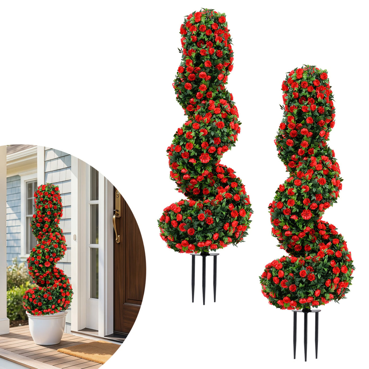 Set of 2 Artificial Spiral Topiary Trees with Sun Protection and Ground Spikes-Red-Artificial Plants-DECOROLALA