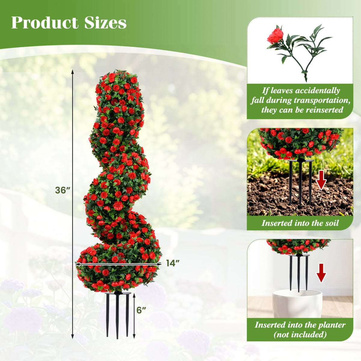 Set of 2 Artificial Spiral Topiary Trees with Sun Protection and Ground Spikes-Red-Artificial Plants-DECOROLALA