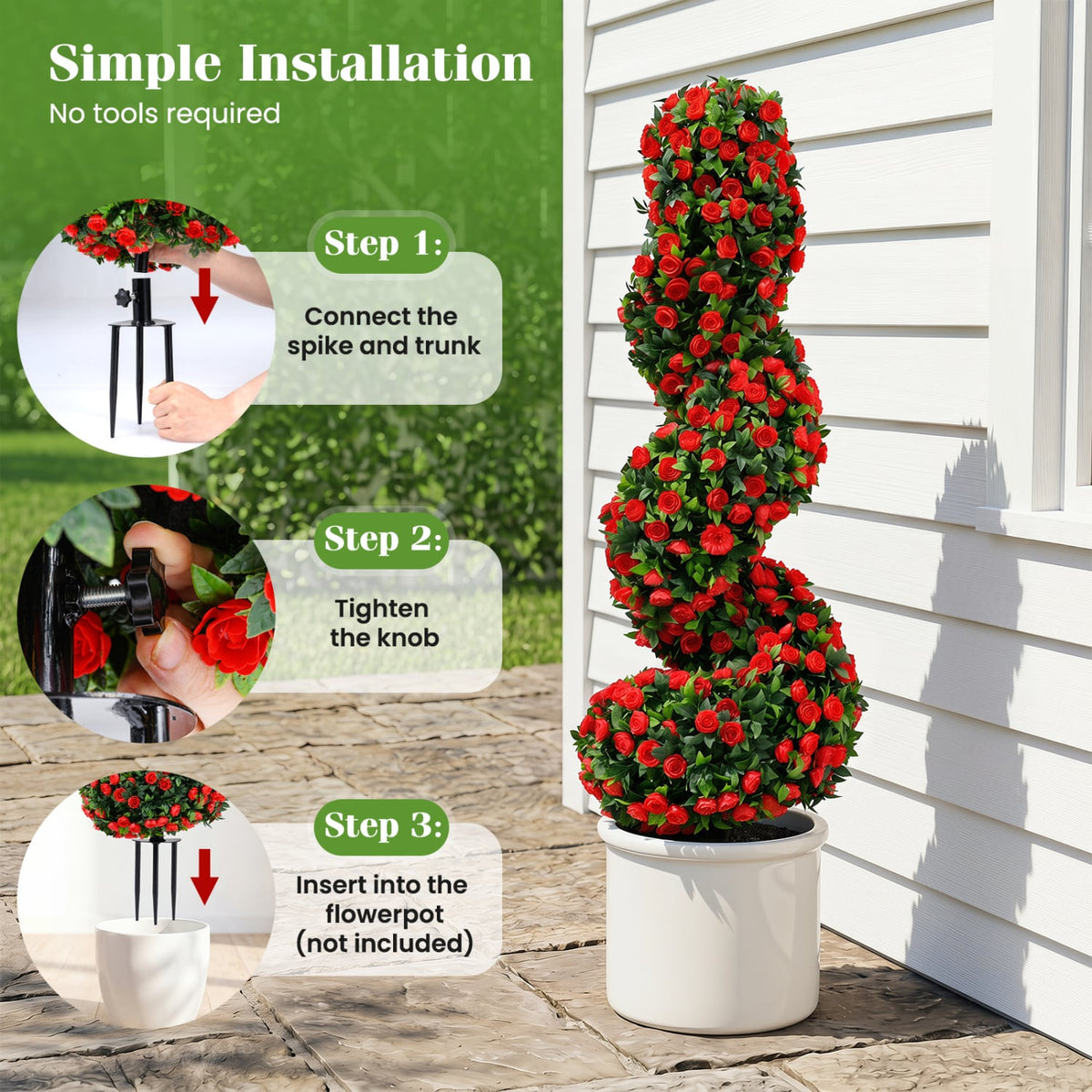 Set of 2 Artificial Spiral Topiary Trees with Sun Protection and Ground Spikes-Red-Artificial Plants-DECOROLALA