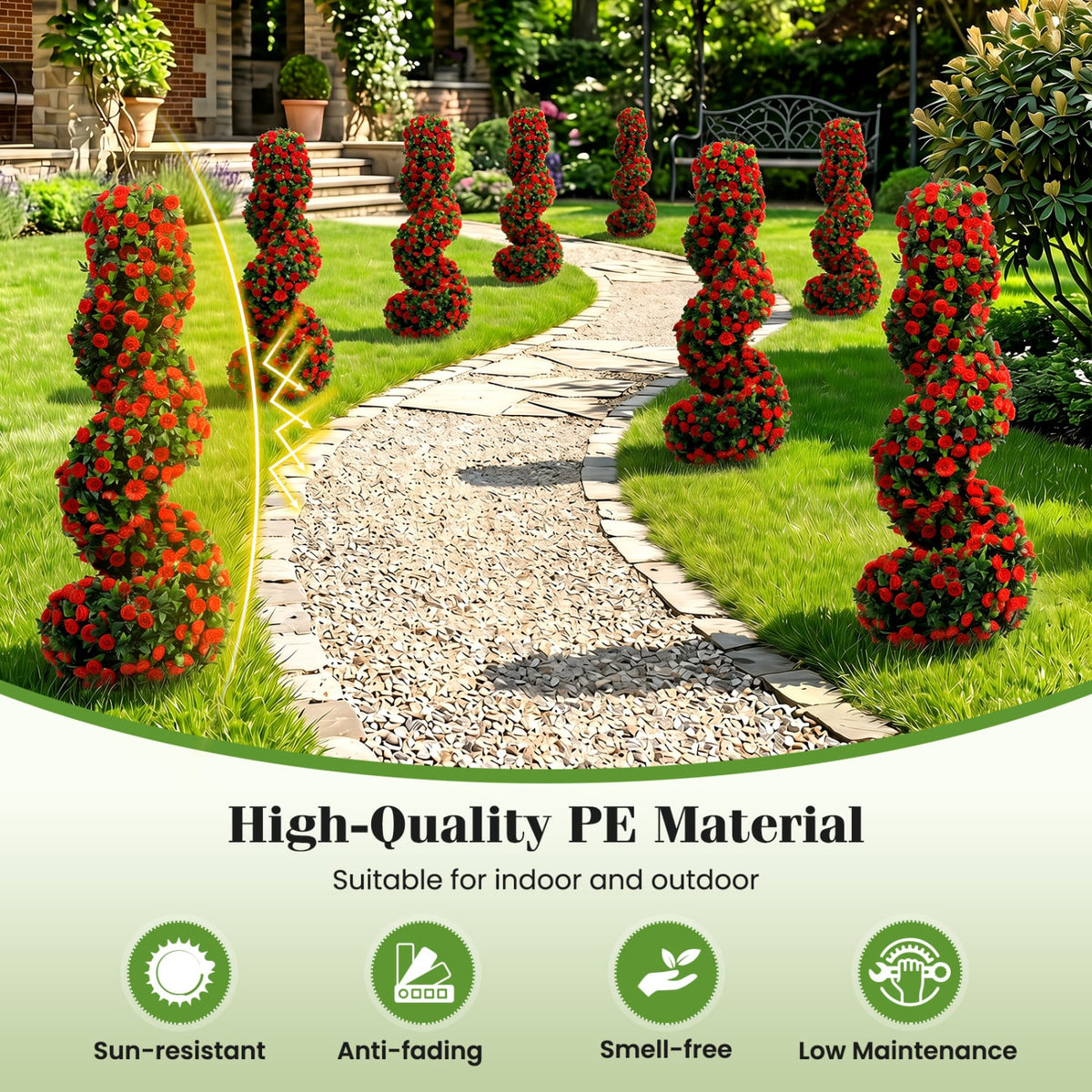 Set of 2 Artificial Spiral Topiary Trees with Sun Protection and Ground Spikes-Red-Artificial Plants-DECOROLALA