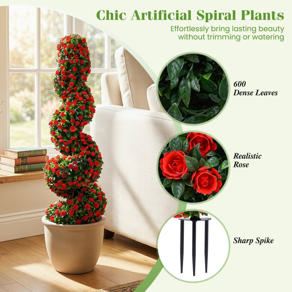 Set of 2 Artificial Spiral Topiary Trees with Sun Protection and Ground Spikes-Red-Artificial Plants-DECOROLALA