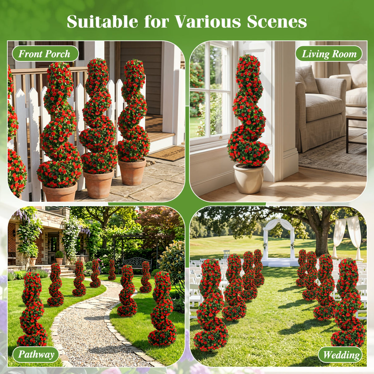 Set of 2 Artificial Spiral Topiary Trees with Sun Protection and Ground Spikes-Red-Artificial Plants-DECOROLALA