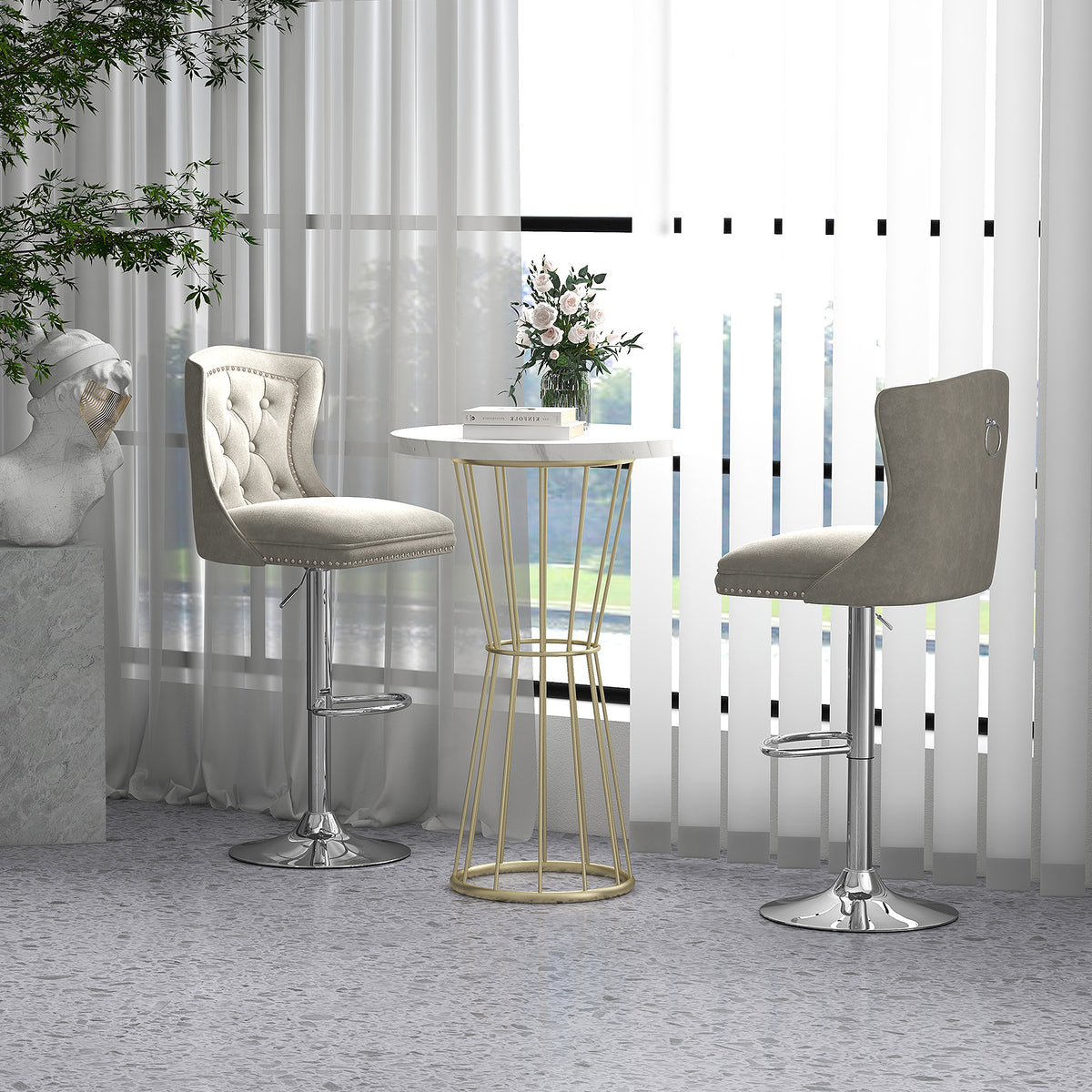 Set of 2 Bar Chairs with Footrest Electroplated Metal Base and Anti-Slip Ring-Gray-Bar Stools-DECOROLALA