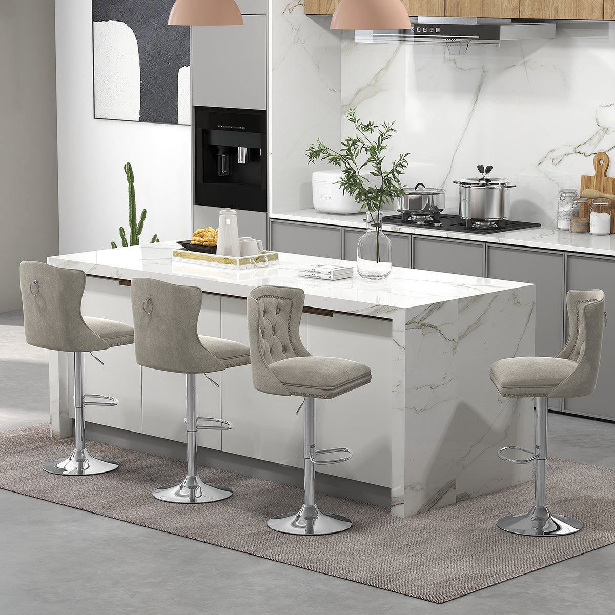 Set of 2 Bar Chairs with Footrest Electroplated Metal Base and Anti-Slip Ring-Gray-Bar Stools-DECOROLALA