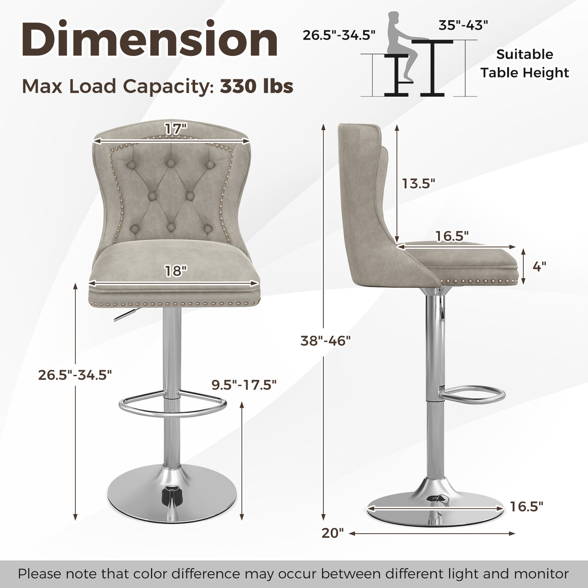 Set of 2 Bar Chairs with Footrest Electroplated Metal Base and Anti-Slip Ring-Gray-Bar Stools-DECOROLALA