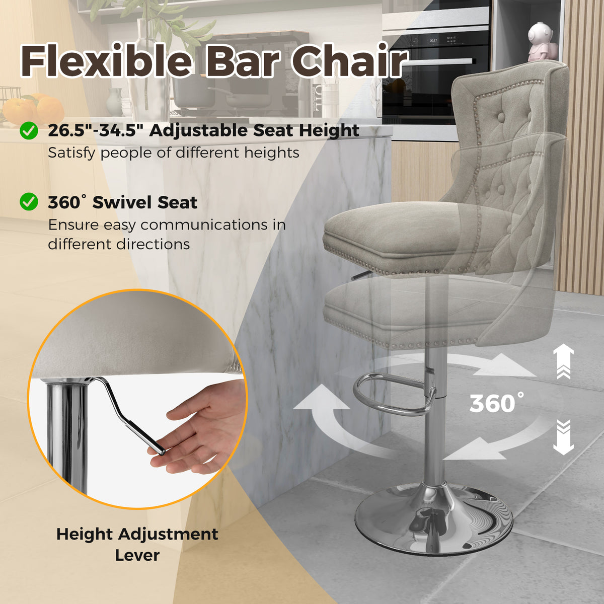 Set of 2 Bar Chairs with Footrest Electroplated Metal Base and Anti-Slip Ring-Gray-Bar Stools-DECOROLALA