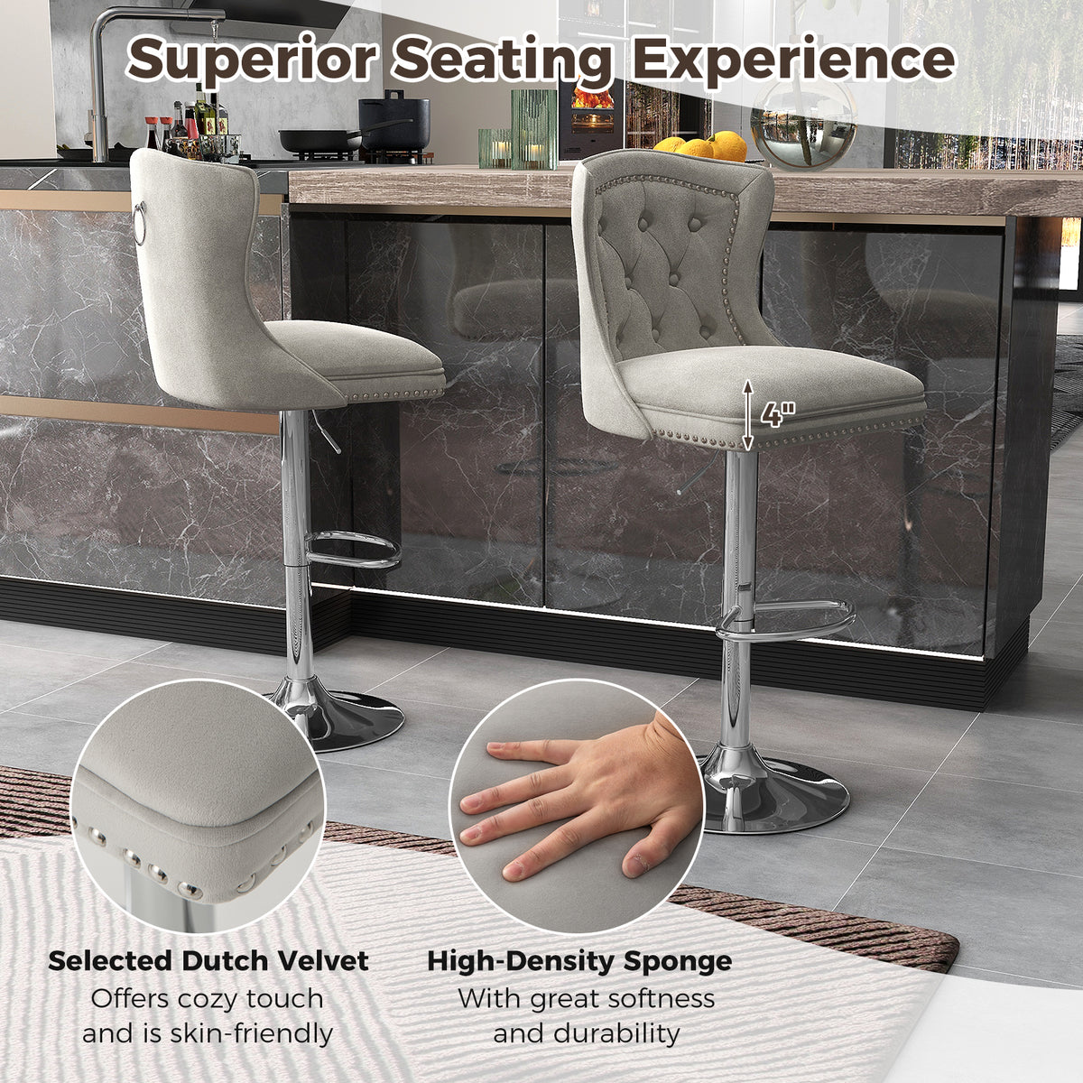 Set of 2 Bar Chairs with Footrest Electroplated Metal Base and Anti-Slip Ring-Gray-Bar Stools-DECOROLALA