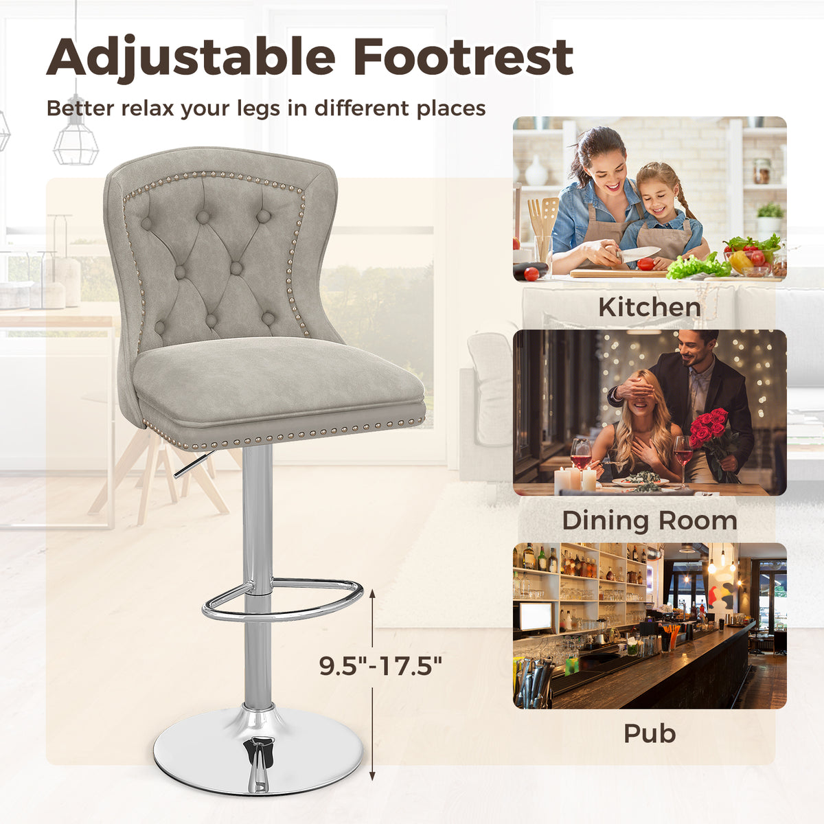 Set of 2 Bar Chairs with Footrest Electroplated Metal Base and Anti-Slip Ring-Gray-Bar Stools-DECOROLALA