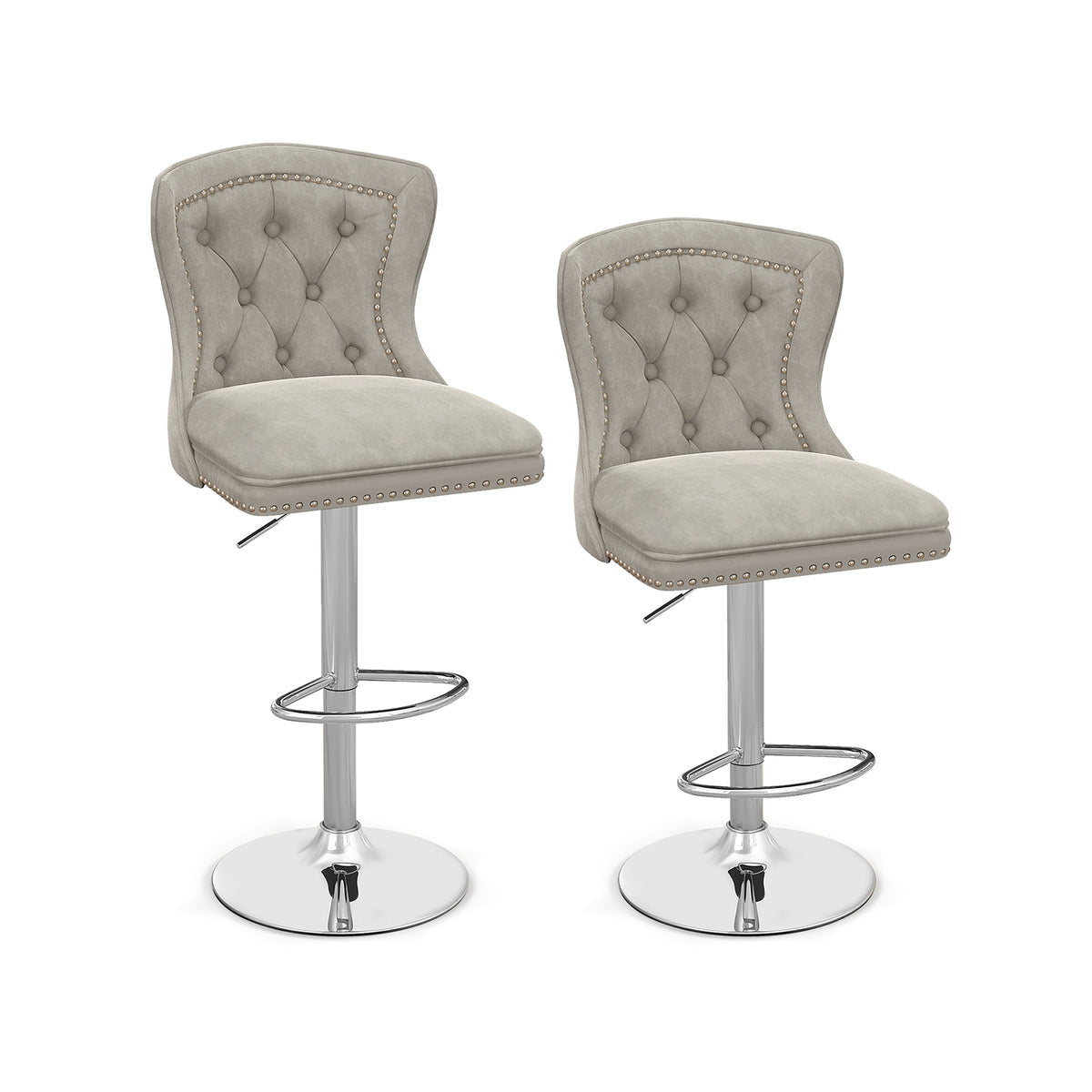 Set of 2 Bar Chairs with Footrest Electroplated Metal Base and Anti-Slip Ring-Gray-Bar Stools-DECOROLALA
