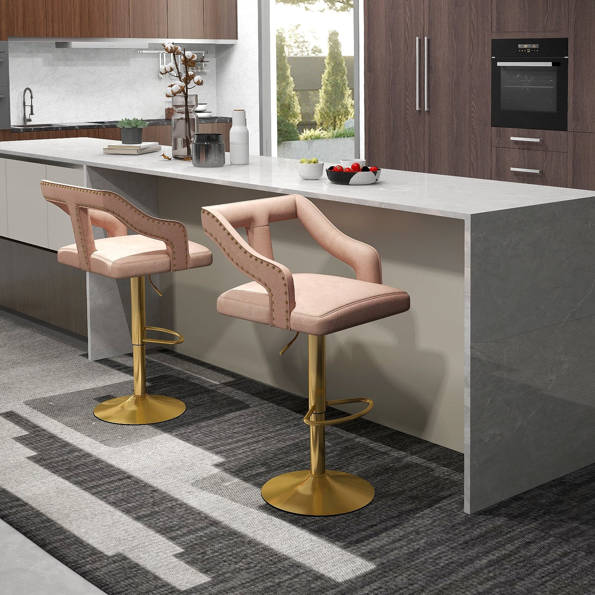Set of 2 Bar Chairs with Footrest and 2-Layer Electroplated Metal Base-Pink-Bar Stools-DECOROLALA