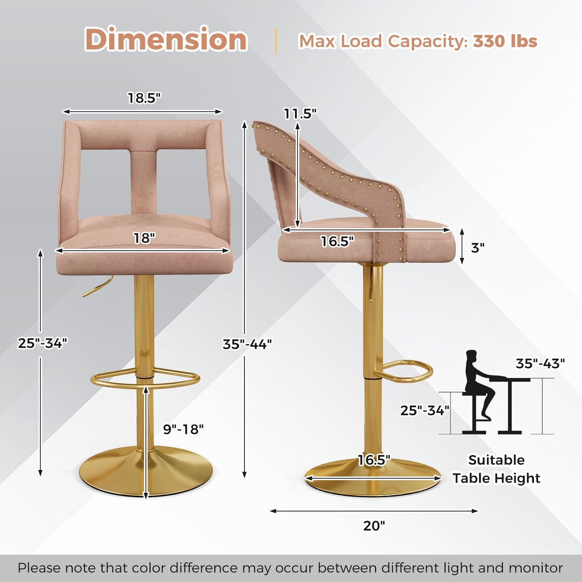Set of 2 Bar Chairs with Footrest and 2-Layer Electroplated Metal Base-Pink-Bar Stools-DECOROLALA