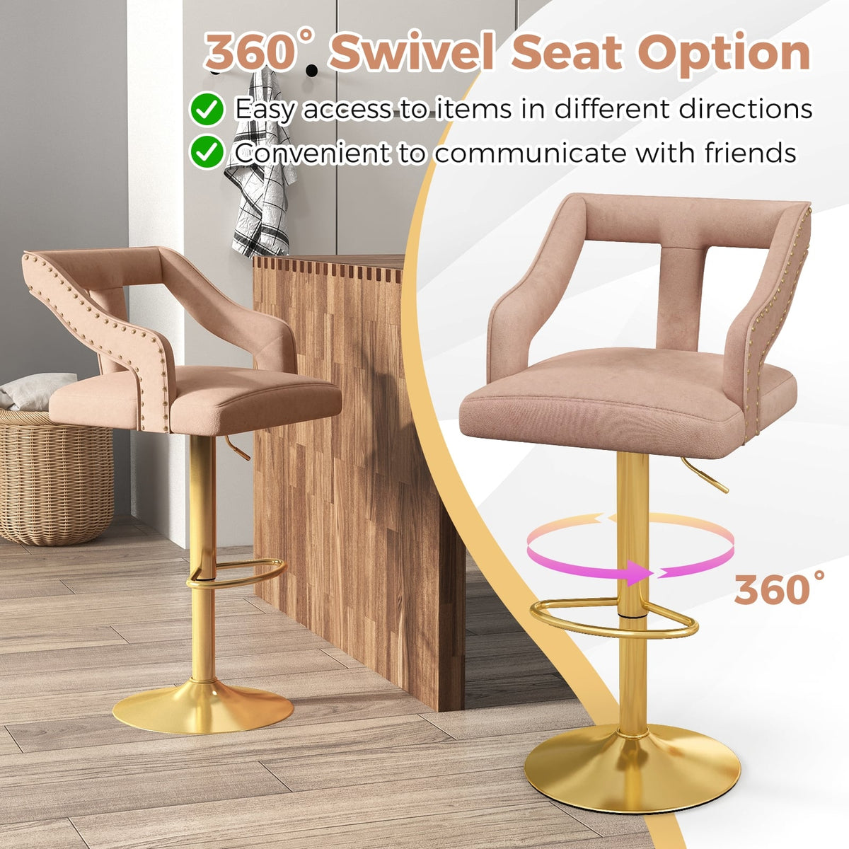 Set of 2 Bar Chairs with Footrest and 2-Layer Electroplated Metal Base-Pink-Bar Stools-DECOROLALA