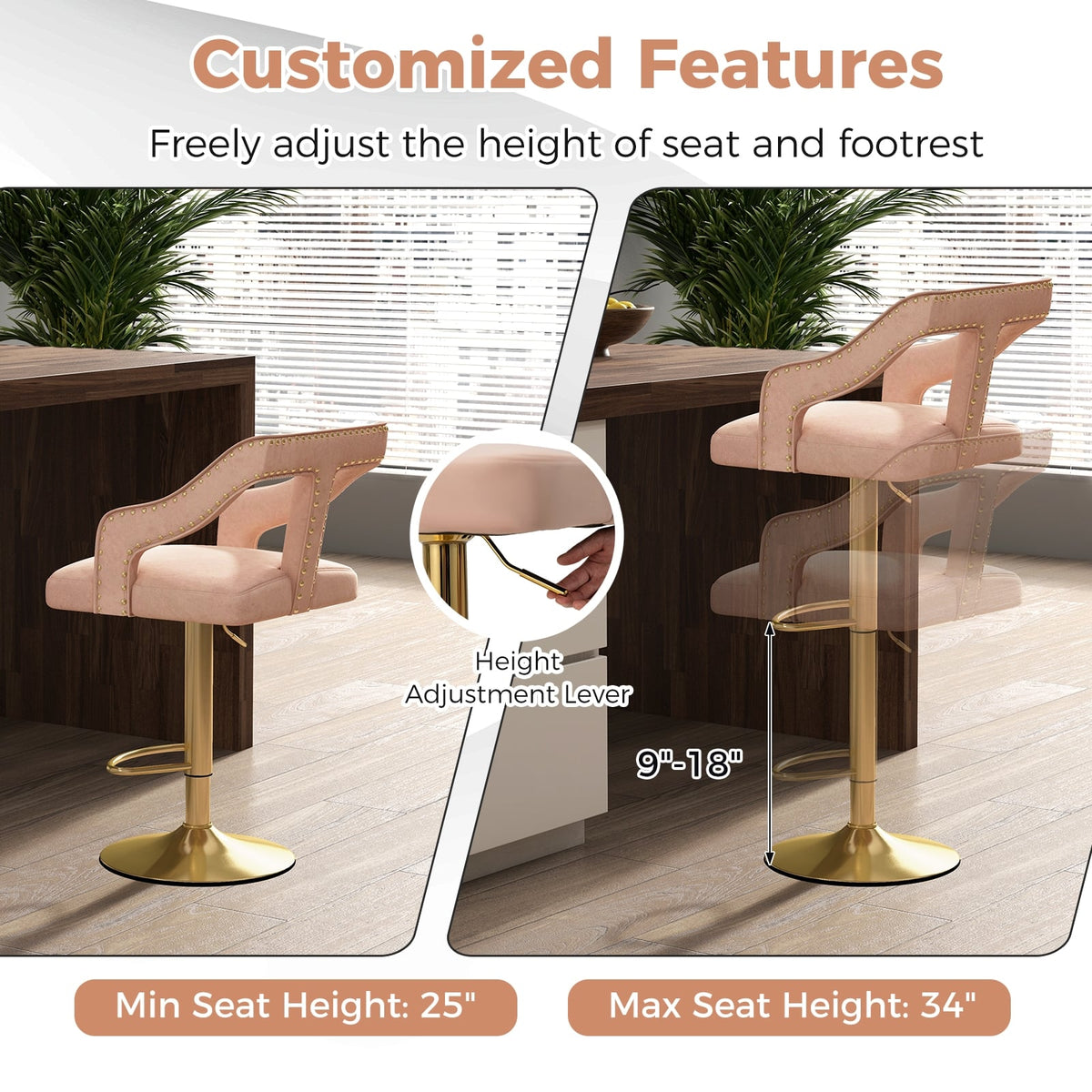 Set of 2 Bar Chairs with Footrest and 2-Layer Electroplated Metal Base-Pink-Bar Stools-DECOROLALA