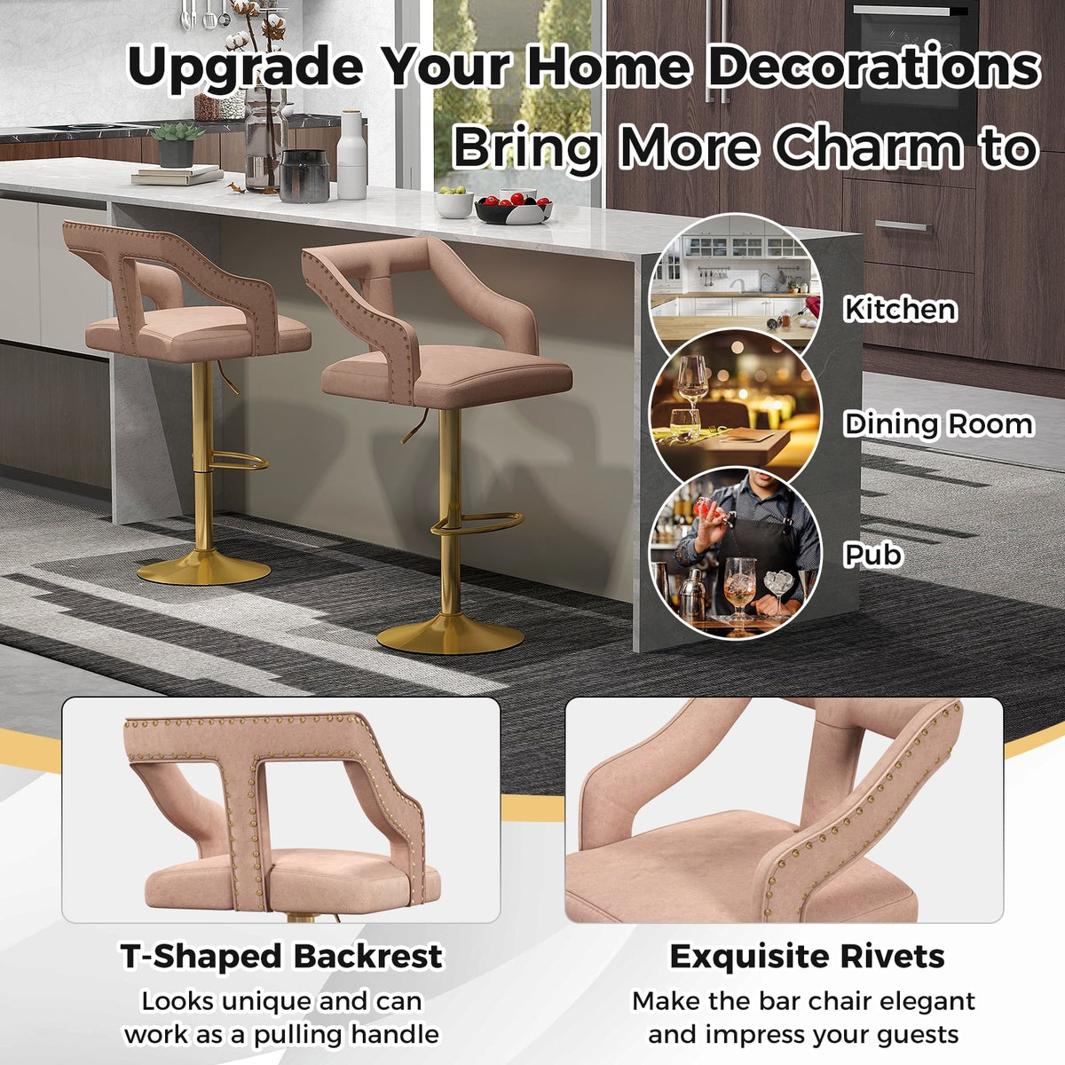 Set of 2 Bar Chairs with Footrest and 2-Layer Electroplated Metal Base-Pink-Bar Stools-DECOROLALA