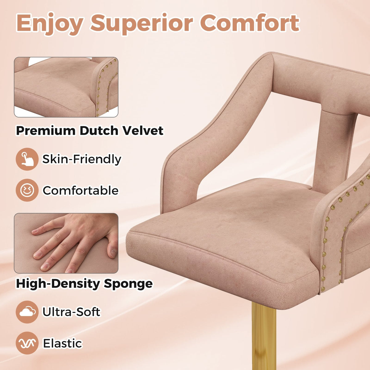 Set of 2 Bar Chairs with Footrest and 2-Layer Electroplated Metal Base-Pink-Bar Stools-DECOROLALA