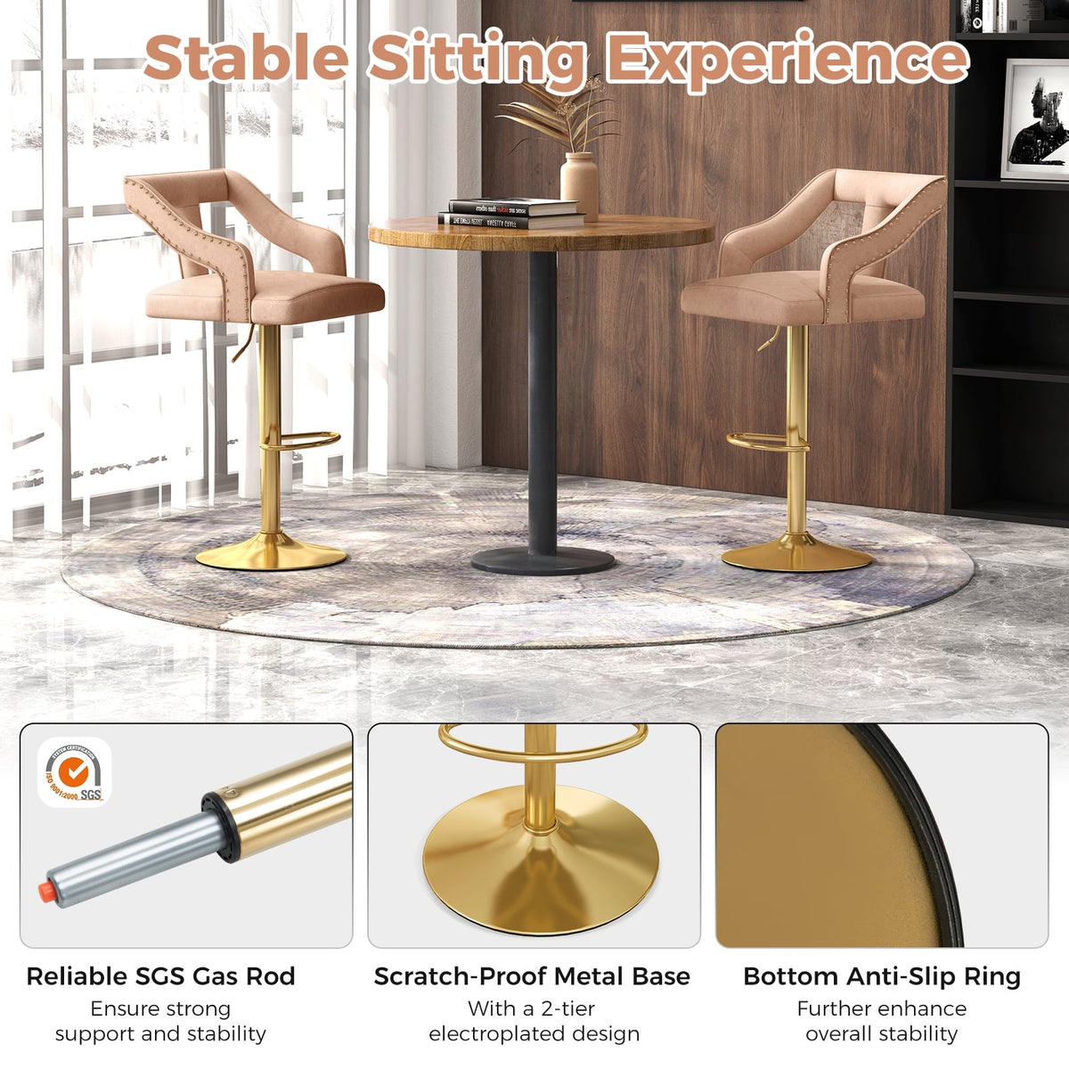 Set of 2 Bar Chairs with Footrest and 2-Layer Electroplated Metal Base-Pink-Bar Stools-DECOROLALA