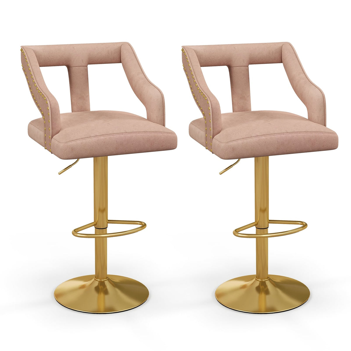 Set of 2 Bar Chairs with Footrest and 2-Layer Electroplated Metal Base-Pink-Bar Stools-DECOROLALA