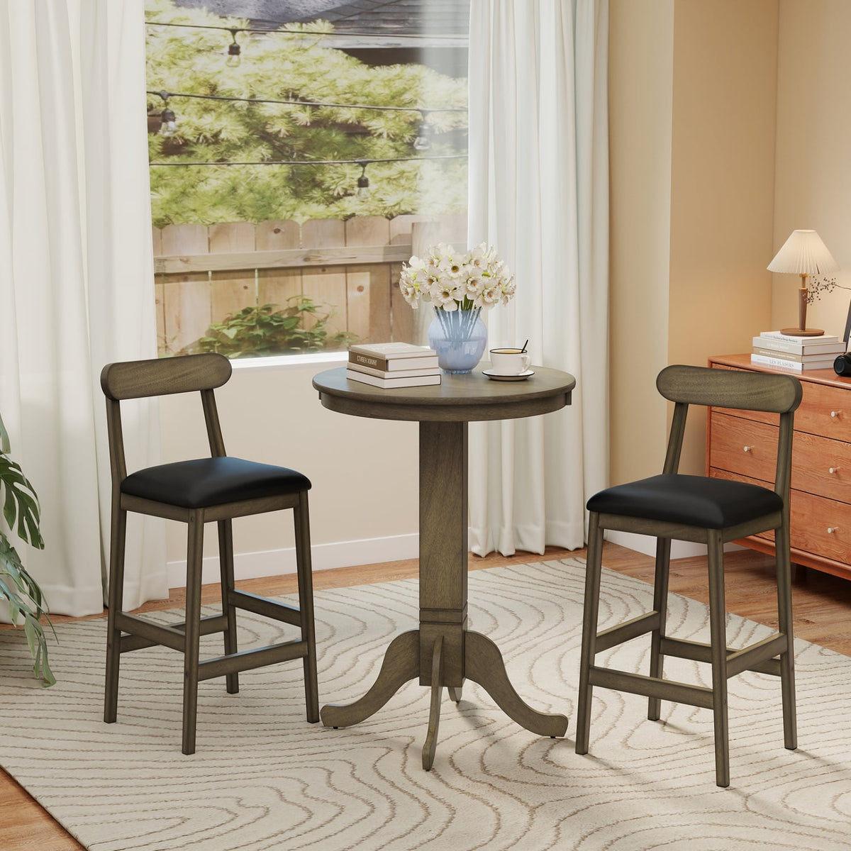 Set of 2 Bar Stools Upholstered with Rubber Wood Legs and Footrests-Oak-Bar Stools-DECOROLALA