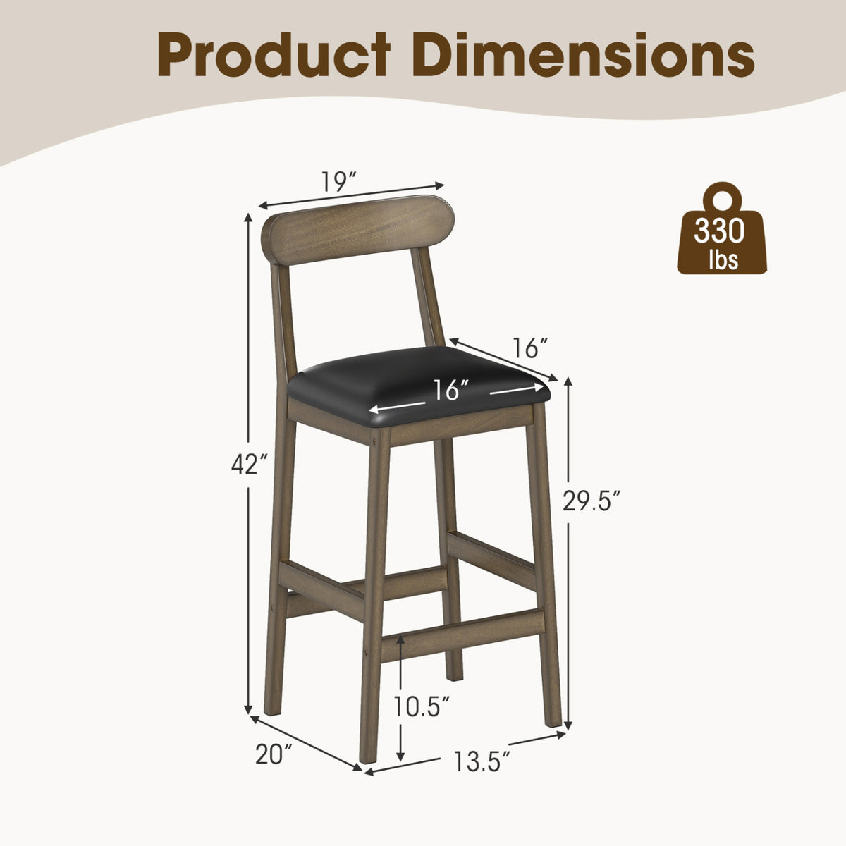 Set of 2 Bar Stools Upholstered with Rubber Wood Legs and Footrests-Oak-Bar Stools-DECOROLALA