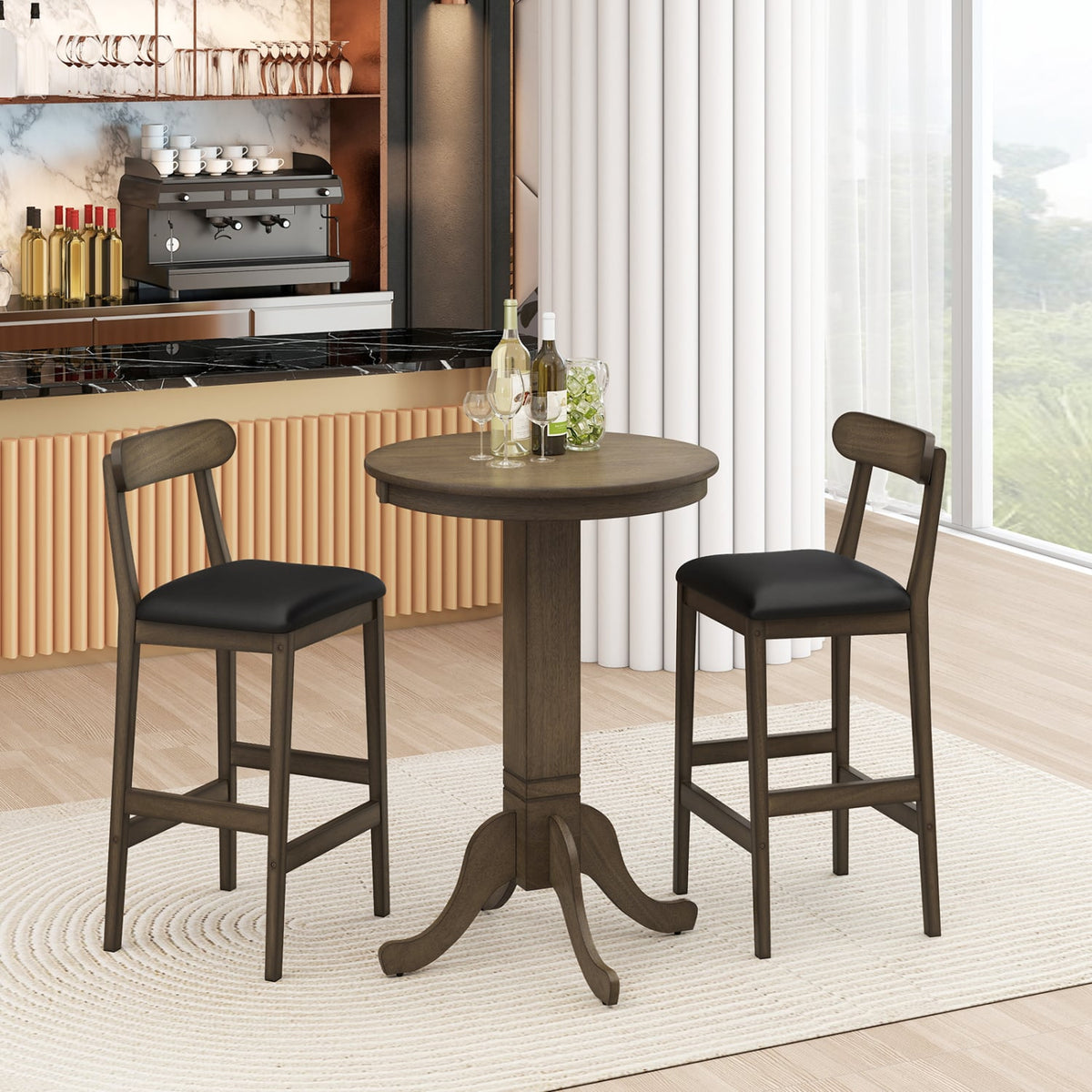 Set of 2 Bar Stools Upholstered with Rubber Wood Legs and Footrests-Oak-Bar Stools-DECOROLALA