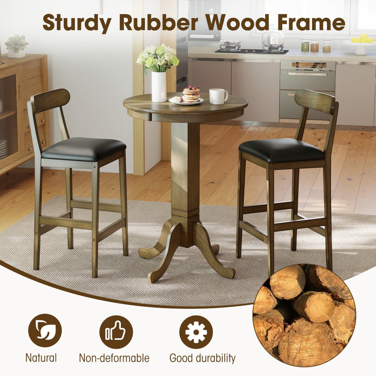 Set of 2 Bar Stools Upholstered with Rubber Wood Legs and Footrests-Oak-Bar Stools-DECOROLALA