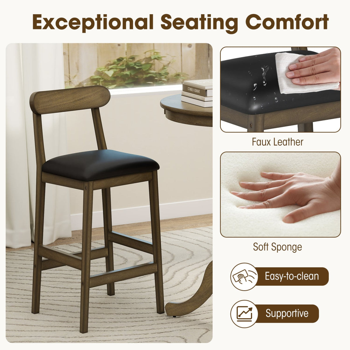 Set of 2 Bar Stools Upholstered with Rubber Wood Legs and Footrests-Oak-Bar Stools-DECOROLALA