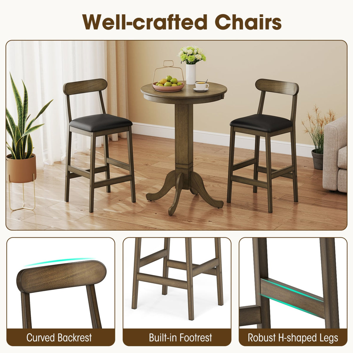 Set of 2 Bar Stools Upholstered with Rubber Wood Legs and Footrests-Oak-Bar Stools-DECOROLALA