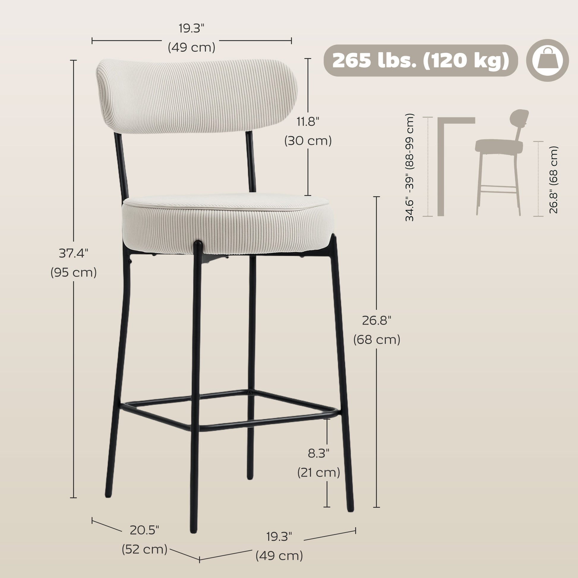 Set of 2 Barstools, Upholstered Corduroy Bar Stools with Backrest, Footrest for Kitchen Island, Dining Room, Cream White-Home Furnishings > Kitchen & Dining Furniture > Bar Stools-DECOROLALA