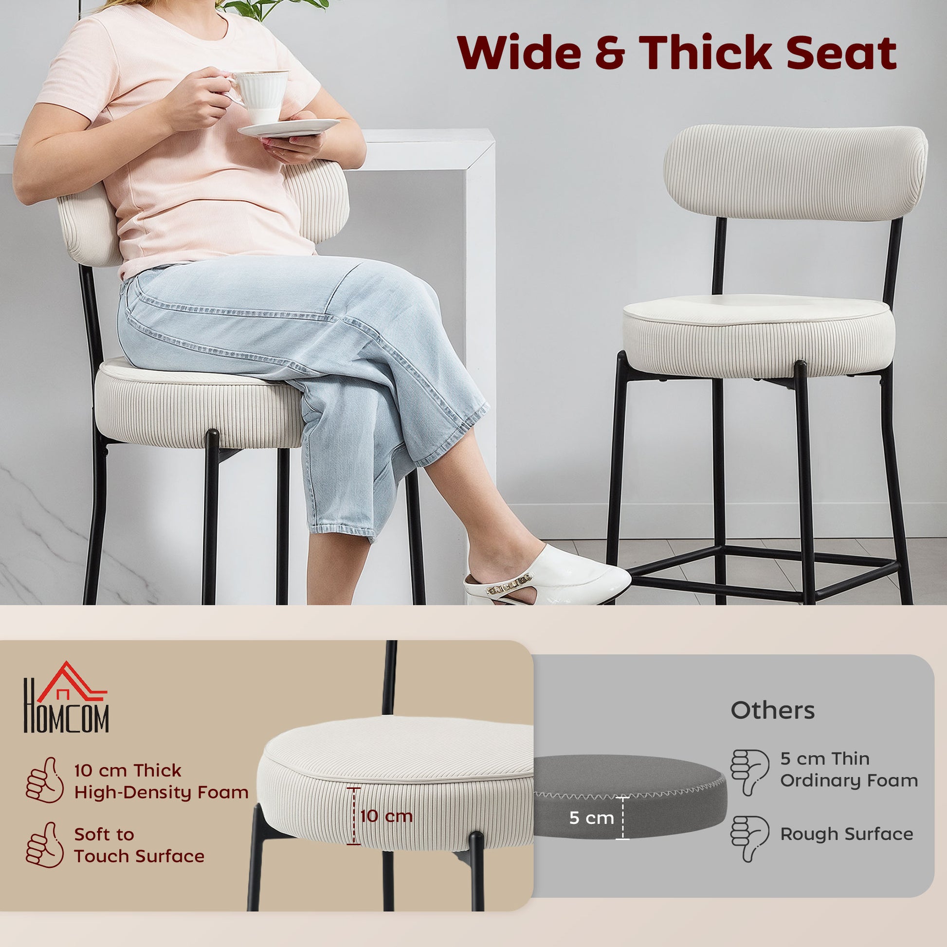Set of 2 Barstools, Upholstered Corduroy Bar Stools with Backrest, Footrest for Kitchen Island, Dining Room, Cream White-Home Furnishings > Kitchen & Dining Furniture > Bar Stools-DECOROLALA