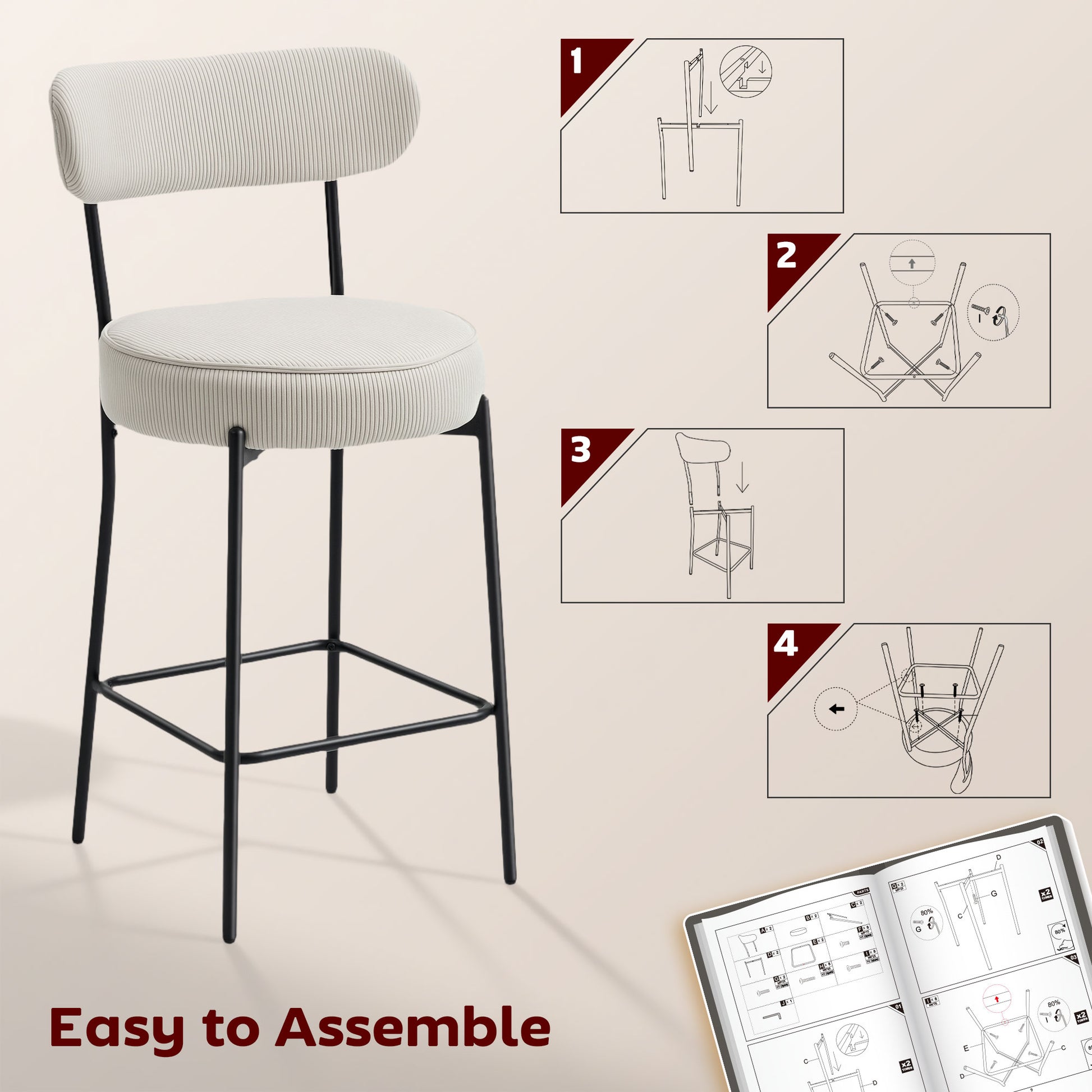 Set of 2 Barstools, Upholstered Corduroy Bar Stools with Backrest, Footrest for Kitchen Island, Dining Room, Cream White-Home Furnishings > Kitchen & Dining Furniture > Bar Stools-DECOROLALA