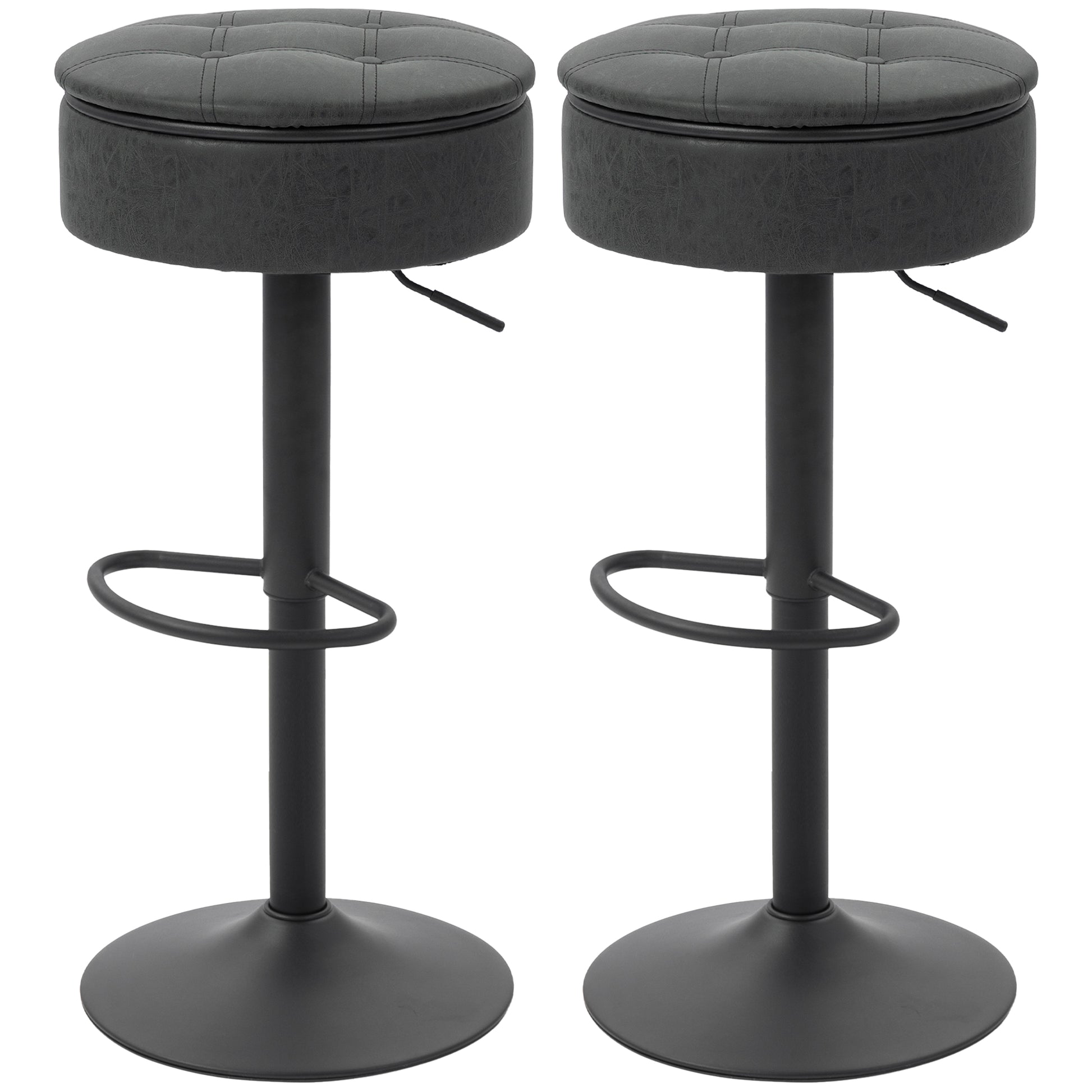 Set of 2 Barstools with Storage, Swivel Bar Stools with PU Leather Upholstered, Footrest, Steel Base, Black-Home Furnishings > Kitchen & Dining Furniture > Bar Stools-DECOROLALA