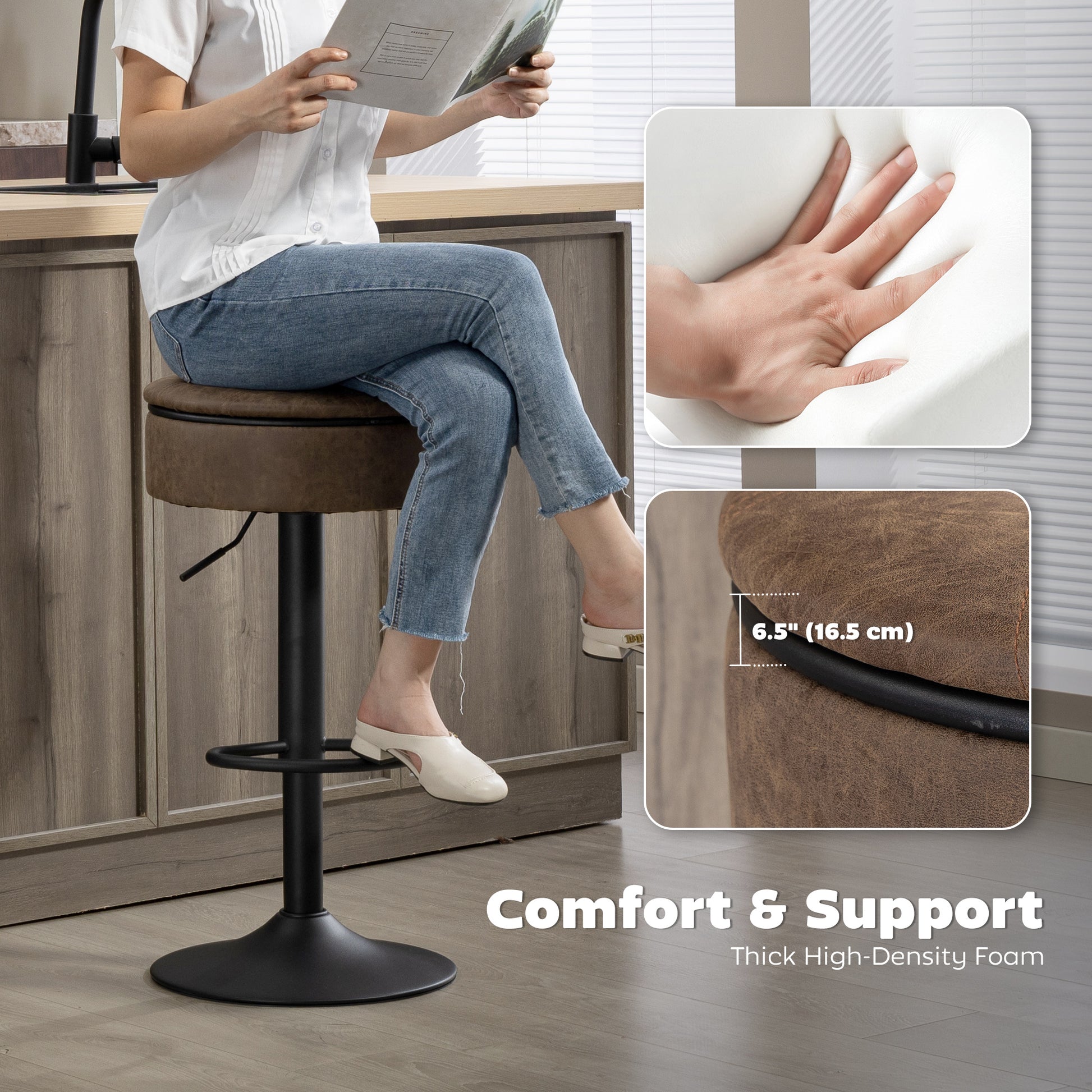 Set of 2 Barstools with Storage, Swivel Bar Stools with PU Leather Upholstered, Footrest, Steel Base, Brown-Home Furnishings > Kitchen & Dining Furniture > Bar Stools-DECOROLALA