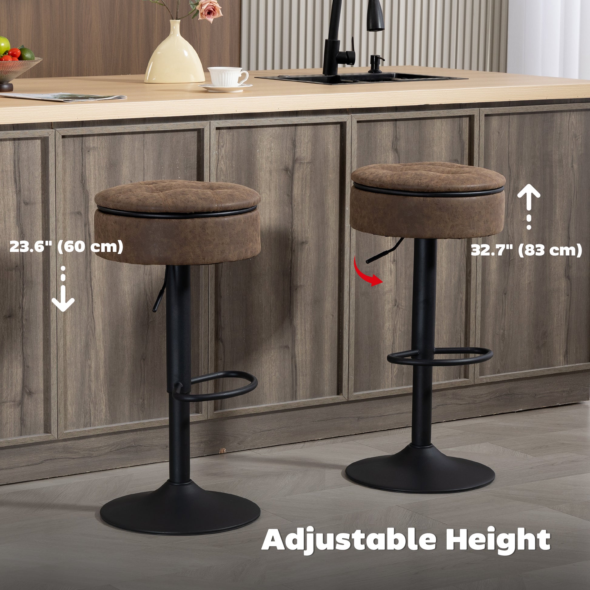 Set of 2 Barstools with Storage, Swivel Bar Stools with PU Leather Upholstered, Footrest, Steel Base, Brown-Home Furnishings > Kitchen & Dining Furniture > Bar Stools-DECOROLALA