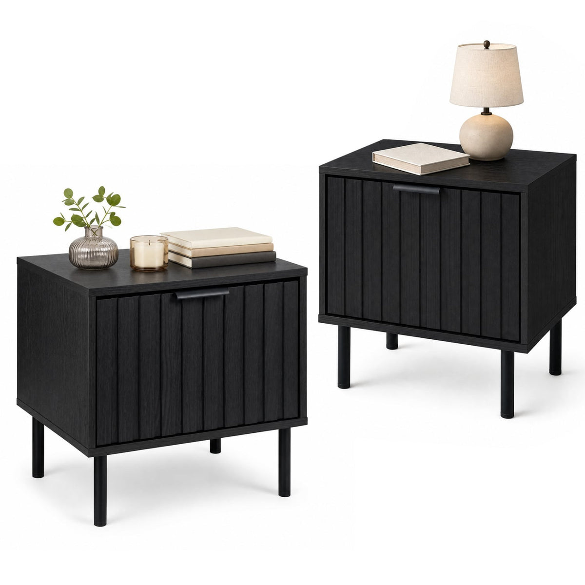 Set of 2 Black Modern Nightstand with Vertical-Striped Storage Drawer-Black-Nightstands-DECOROLALA