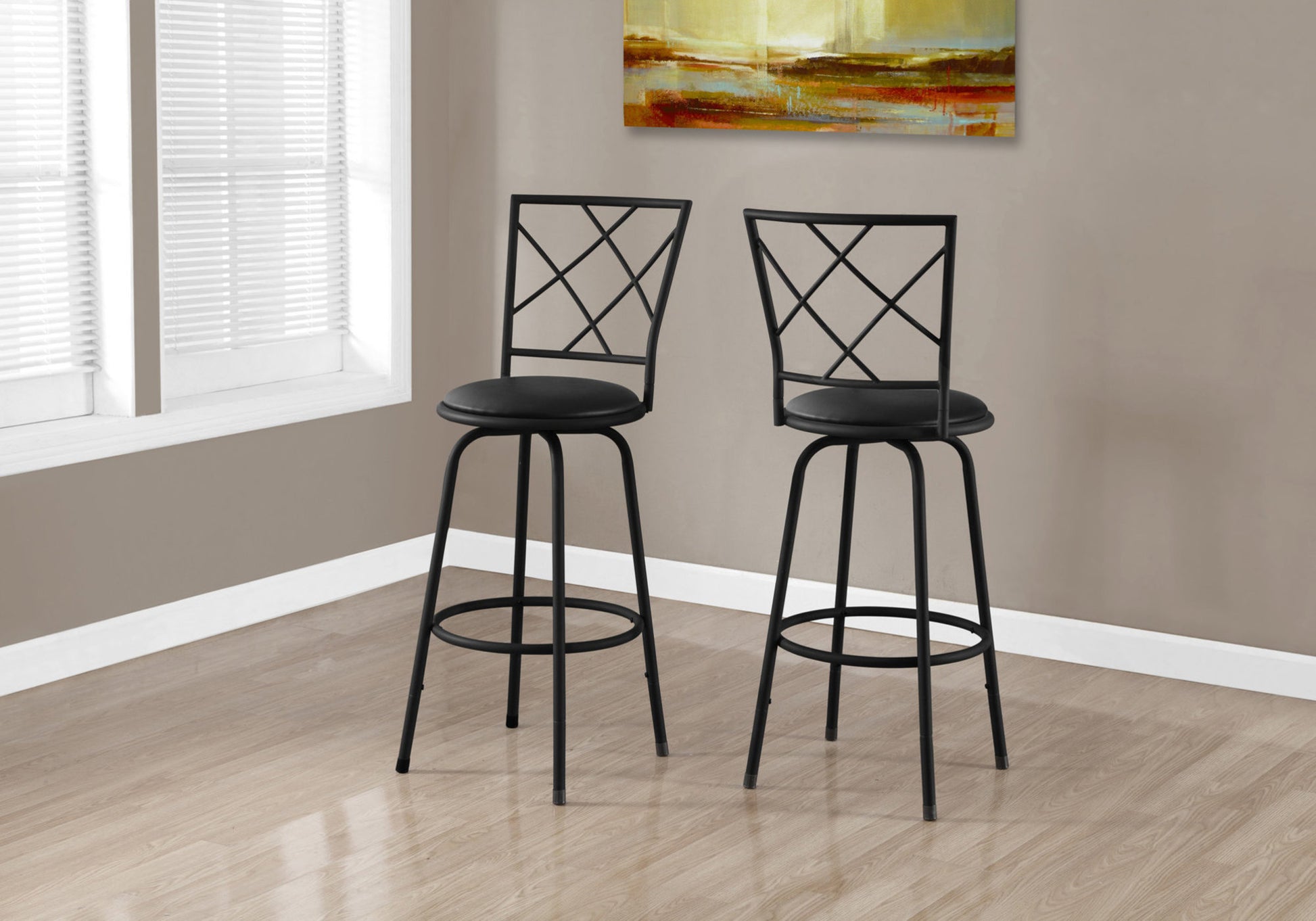 Set of 2 Black Swivel Barstools with Leather-Look Seat-Bar Stool-DECOROLALA