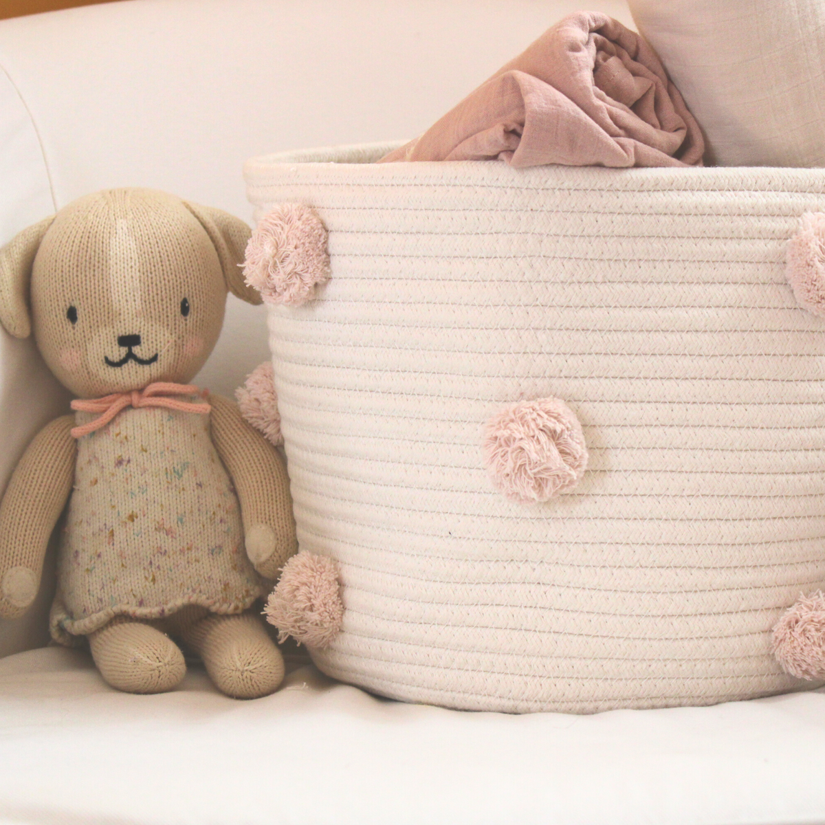 Set of 2 - Blush Pom Basket - Medium-Baskets-DECOROLALA