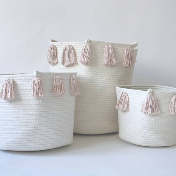 Set of 2 - Blush Tassel Basket - Medium-Basket-DECOROLALA