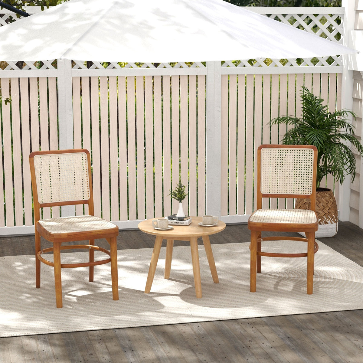 Set of 2 Boho Dining Chairs Rattan with Teak Wood Structure and Footrests-Dining Chairs-DECOROLALA
