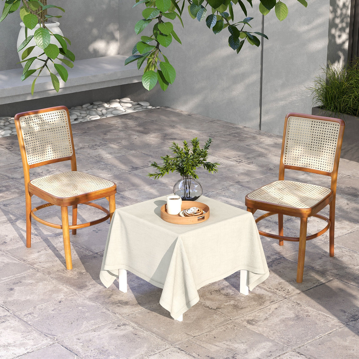 Set of 2 Boho Dining Chairs Rattan with Teak Wood Structure and Footrests-Dining Chairs-DECOROLALA