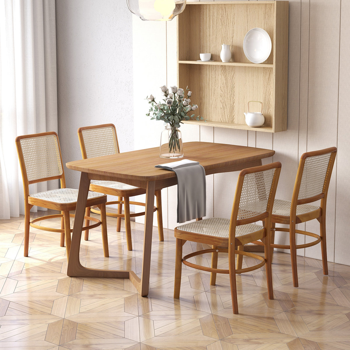 Set of 2 Boho Dining Chairs Rattan with Teak Wood Structure and Footrests-Dining Chairs-DECOROLALA
