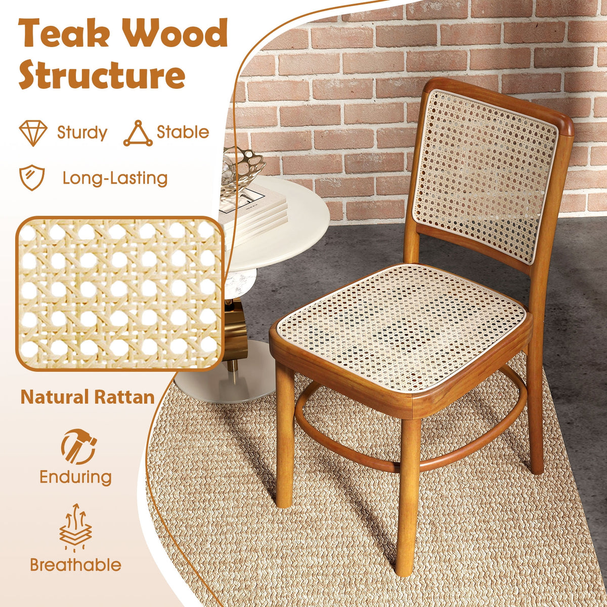Set of 2 Boho Dining Chairs Rattan with Teak Wood Structure and Footrests-Dining Chairs-DECOROLALA