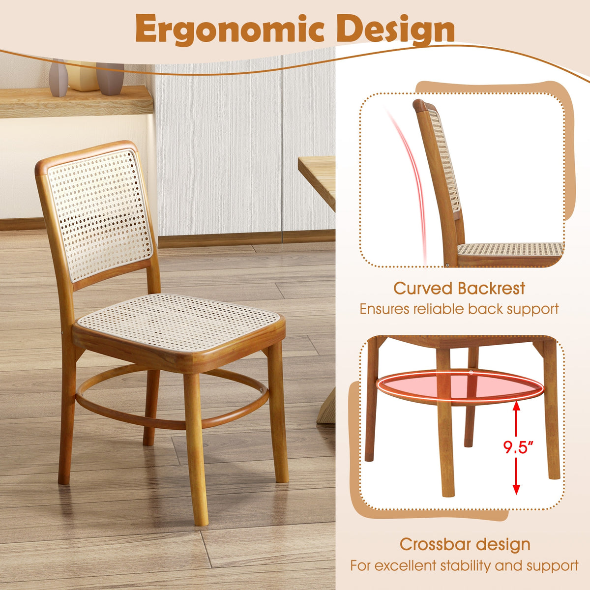 Set of 2 Boho Dining Chairs Rattan with Teak Wood Structure and Footrests-Dining Chairs-DECOROLALA