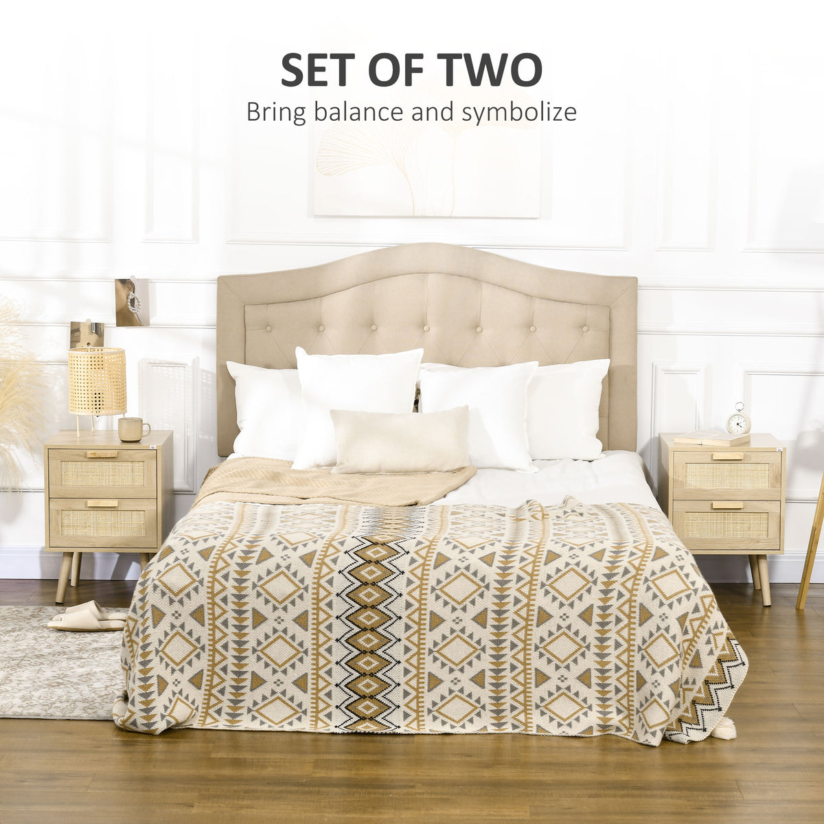 Set of 2 Boho Nightstands - Rattan 2-Drawer Side Tables-Home Furnishings > Bedroom Furniture > Bedside Tables-DECOROLALA