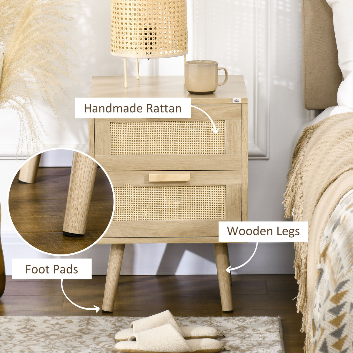 Set of 2 Boho Nightstands - Rattan 2-Drawer Side Tables-Home Furnishings > Bedroom Furniture > Bedside Tables-DECOROLALA