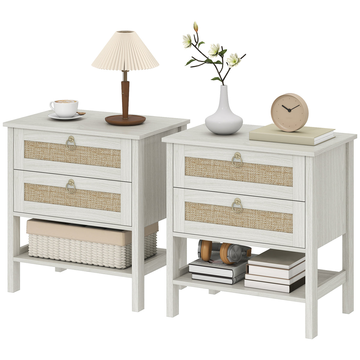Set of 2 Boho Rattan Nightstands - White Oak-Nightstands-DECOROLALA