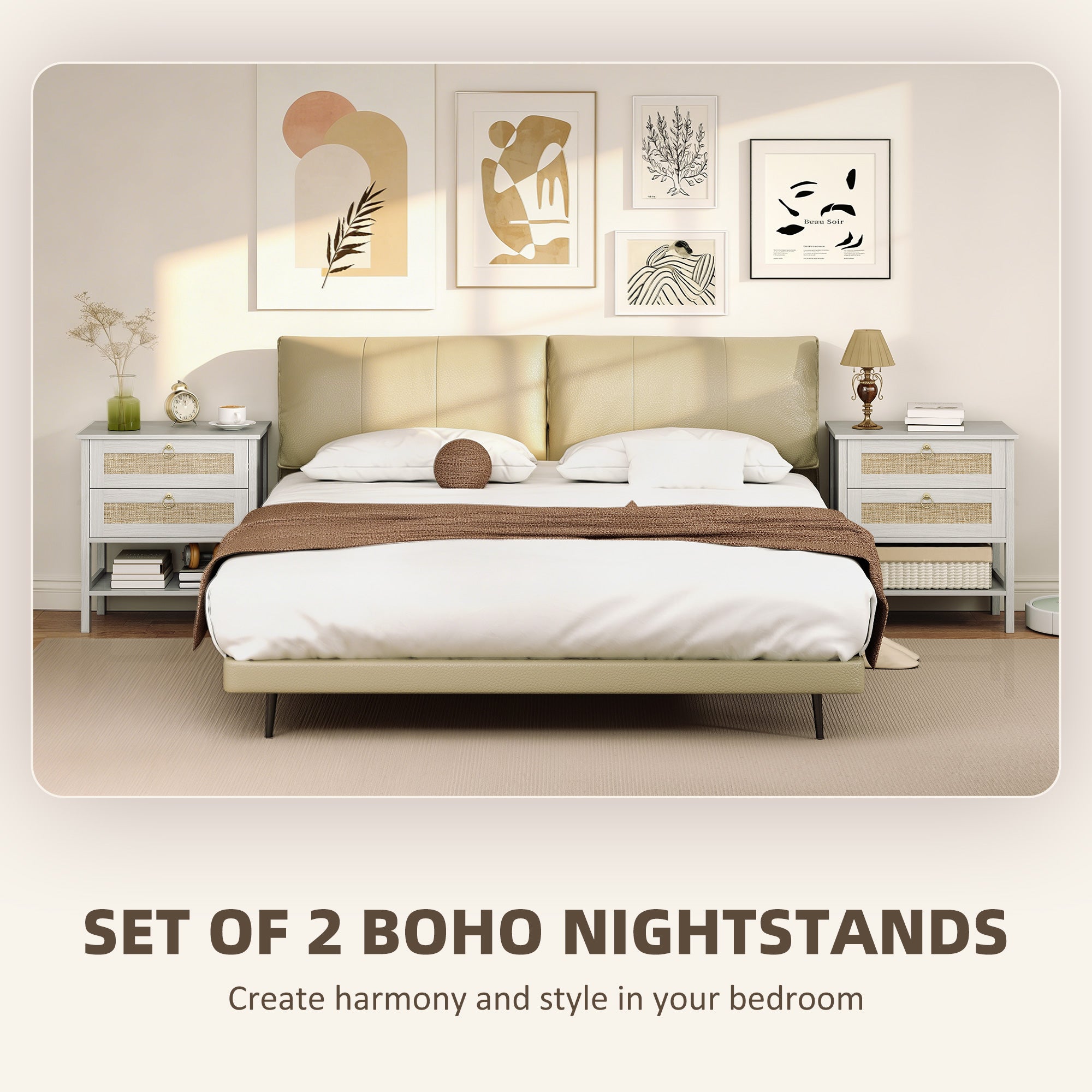 Set of 2 Boho Rattan Nightstands - White Oak-Nightstands-DECOROLALA